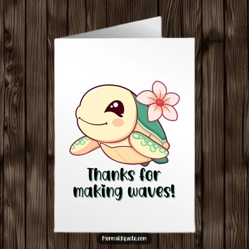 Funny Free Printable Thank You Card: Sea turtle with flower behind ear, winking and swimming swiftly.