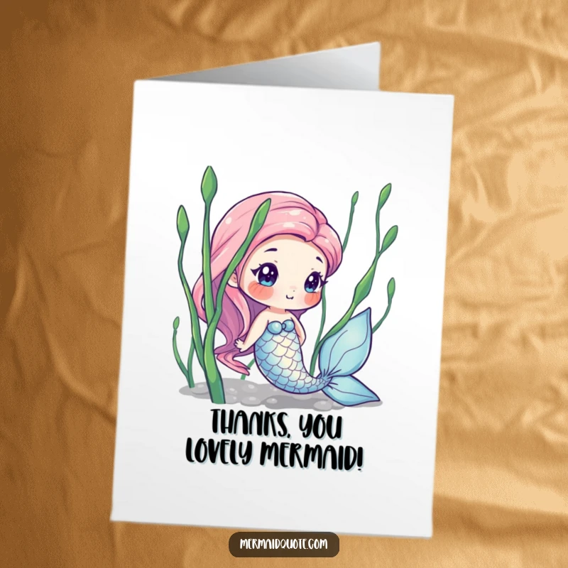 Funny Free Printable Thank You Card: A curious mermaid with shimmering scales peeks from behind seaweed.