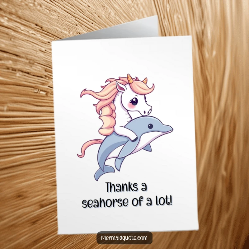 Funny Free Printable Thank You Card: Adorable seahorse and dolphin express heartfelt thanks with a fun ride.