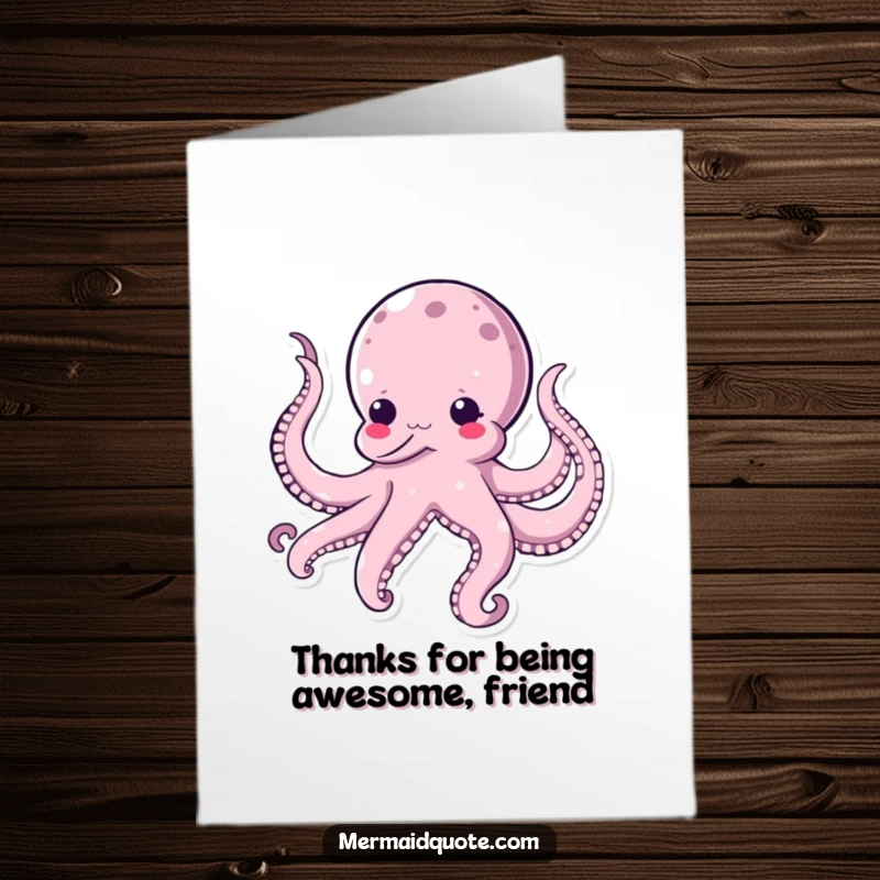 Funny free printable thank you card: a kawaii octopus humorously tickling itself with its own tentacle limbs.