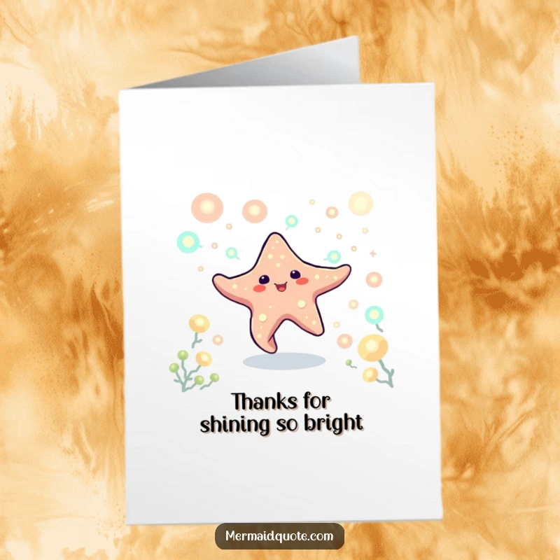 Funny Free Printable Thank You Card: A playful starfish creature dancing joyfully amidst softly glowing plankton, expressing thanks.