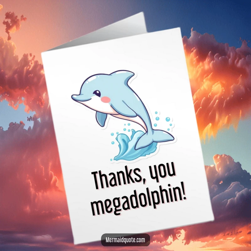 Funny Free Printable Thank You Card: A happy dolphin with a quirky tail fin leaps through waves.