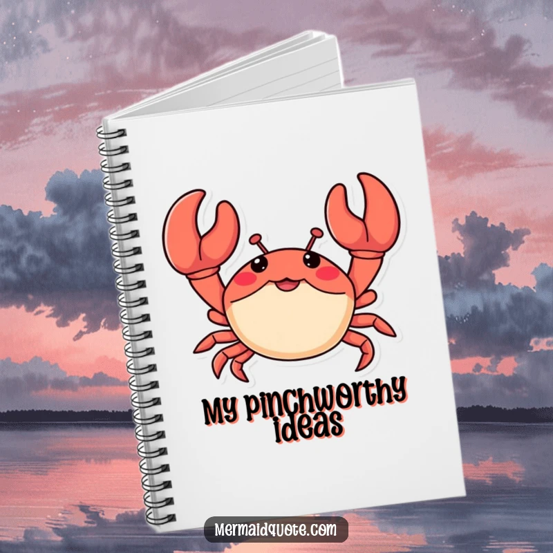 Funny notebook with a little crab waving enthusiastically with oversized claws, ideal for jotting notes and doodling with a cheerful beach theme.
