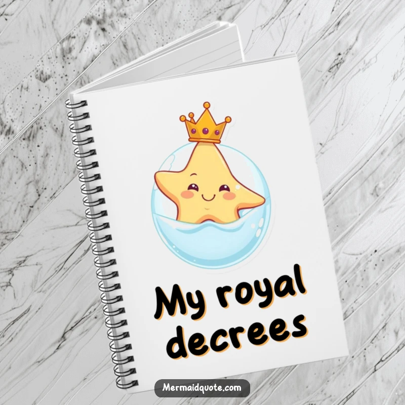Funny notebook featuring a smiling starfish wearing a crown, floating on a bubble, ideal for notes and creative writing with royal flair.