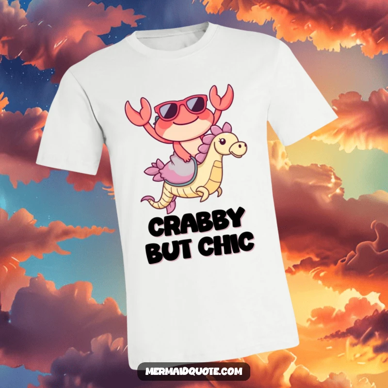 Funny Crab Sunglasses T-Shirt: Cool crab in tiny sunglasses gleefully rides a friendly seahorse, embodying pure ocean joy.