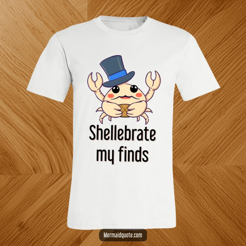 Funny crab in a top hat clutching a tiny treasure, printed on a soft t-shirt, expressing curiosity and joy.