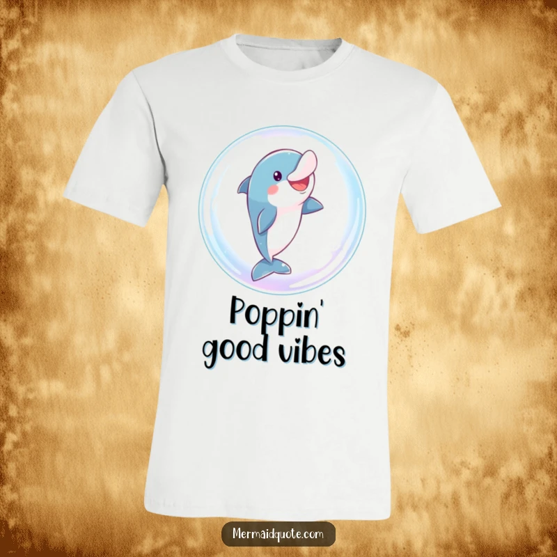 Funny dolphin t-shirt depicting a playful character comically leaping through a large, sparkling bubble, showcasing underwater fun.