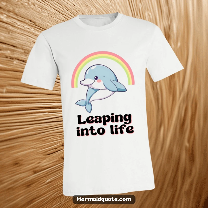 Funny smiling dolphin leaping high with a rainbow arc, on a comfortable, high-quality t-shirt.