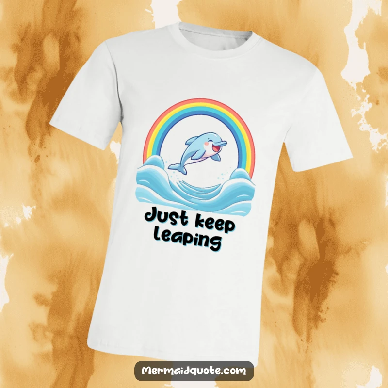 Funny t-shirt with a cartoon dolphin gleefully leaping through a bright rainbow over a blue ocean, embodying pure elation.