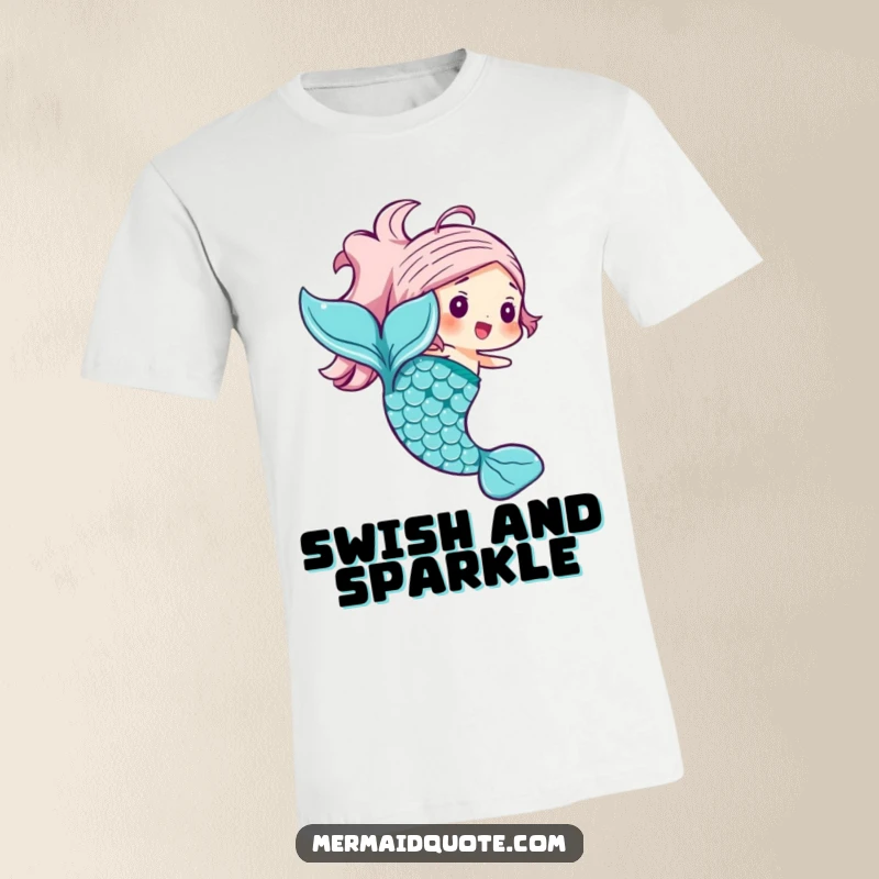 Funny mermaid tail t-shirt depicting a joyful character with beautifully shimmering scales caught in a delightful swishing motion.