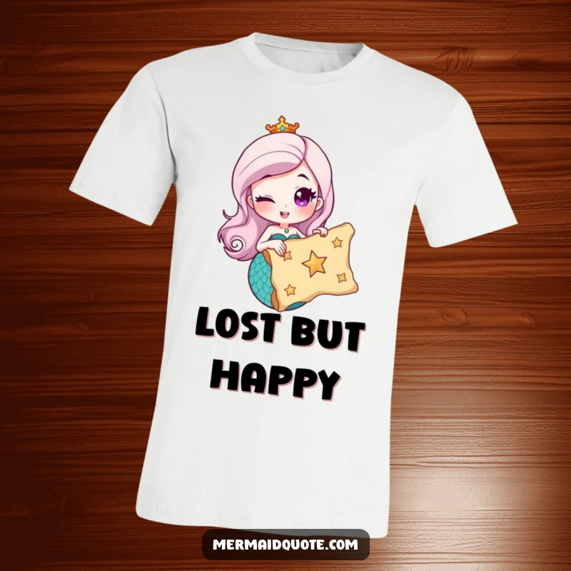 Funny t-shirt depicting a mermaid winking while holding a treasure map with a star, symbolizing mystery and humorous exploration.