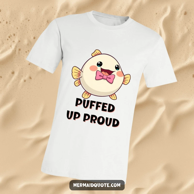 Funny pufferfish in a smart bow tie, shown inflating with excitement on this comfortable t-shirt.