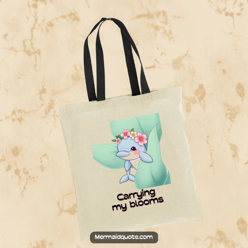 Funny Dolphin Flower Crown Tote Bag: A charming tote featuring a dolphin with a flower crown peeking from kelp, great for errands.