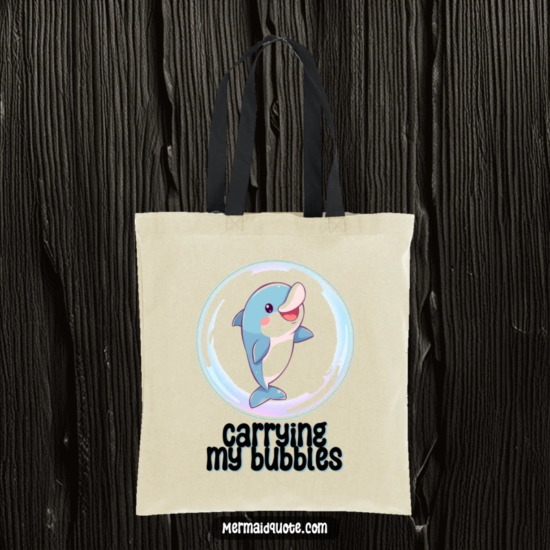 Funny dolphin tote bag showing a playful character comically leaping through a giant, sparkling bubble, great for shopping.