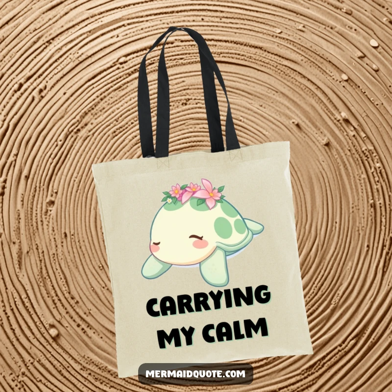 Funny tote bag with a sleepy sea turtle wearing a flower crown, gently drifting, perfect for carrying items with a relaxed and humorous vibe.