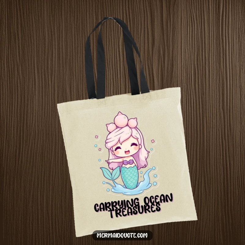Funny Mermaid Tote Bag with a smiling mermaid wearing a seashell crown, playfully splashing water, practical and cheerfully aquatic.