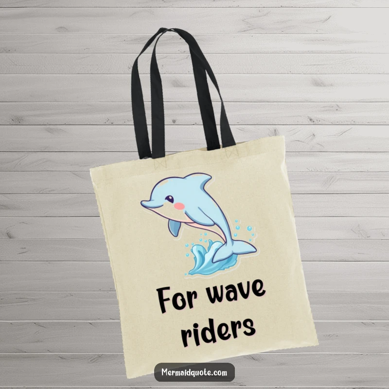 Funny tote bag featuring a playful dolphin with a whimsical tail fin leaping through waves, perfect for carrying items with ocean humor.