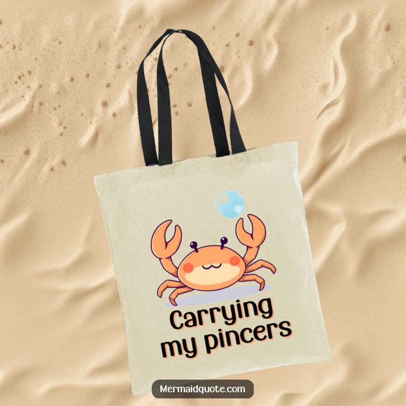 Funny tiny crab playfully waving its tiny claws at a bubble, a tote bag carrying beach charm and humor.