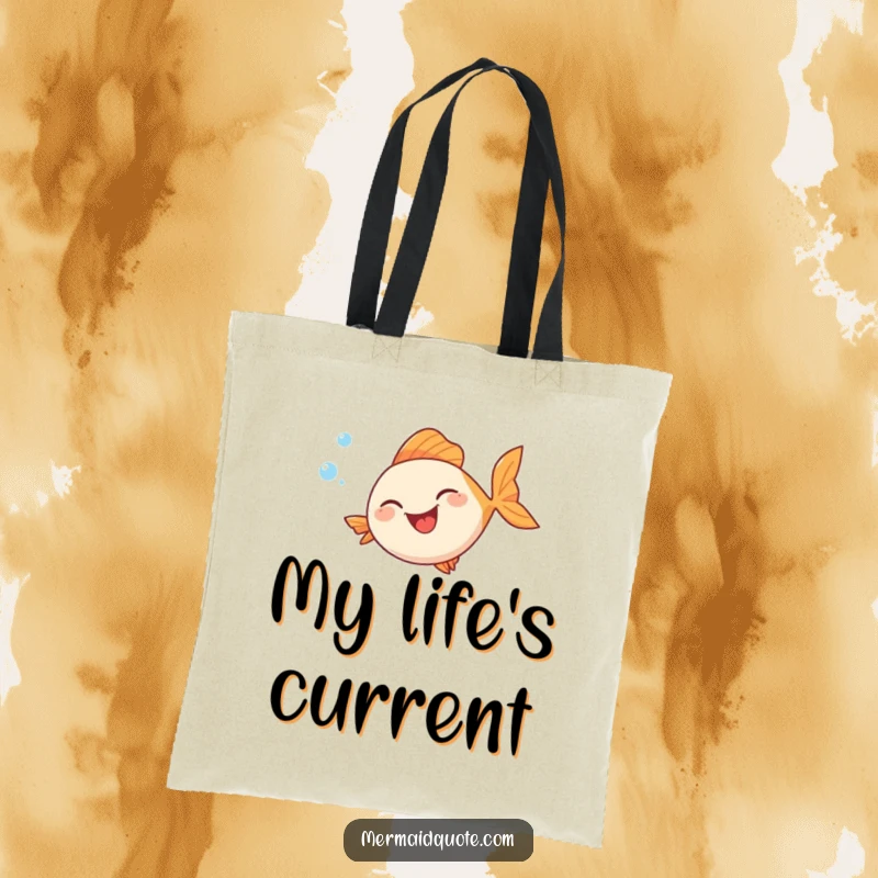 Funny tote bag print of a fish with an uproarious laugh, enclosed by a playful trail of bubbles in a circular swimming path.