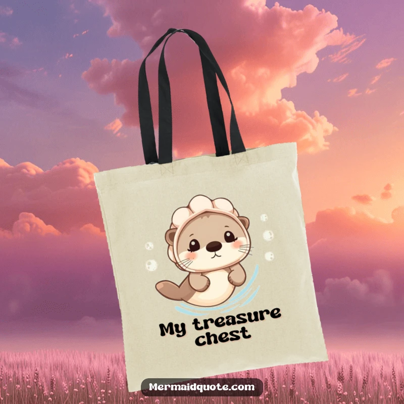 Funny Tote Bag: A tiny otter in a seashell helmet swims cheerfully, leaving bubbles, ideal for carrying aquatic treasures.