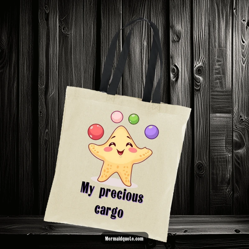 Funny Starfish Juggling Tote Bag: A playful tote featuring a starfish juggling pearls with a mischievous grin, great for daily use.