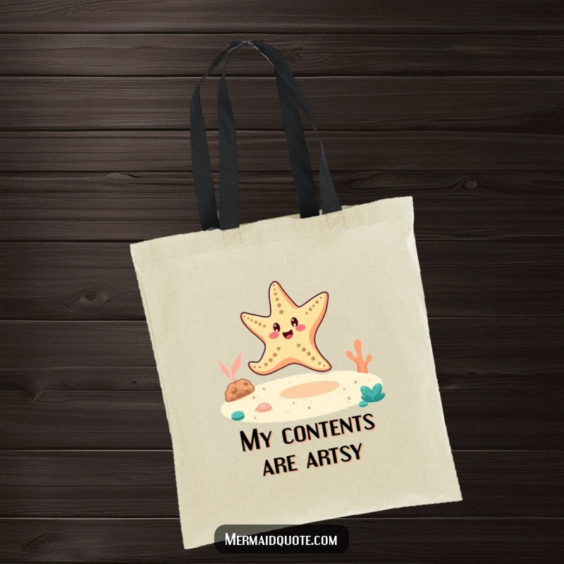 Funny cheerful starfish doing a cartwheel on the sandy ocean floor, on a durable tote bag.