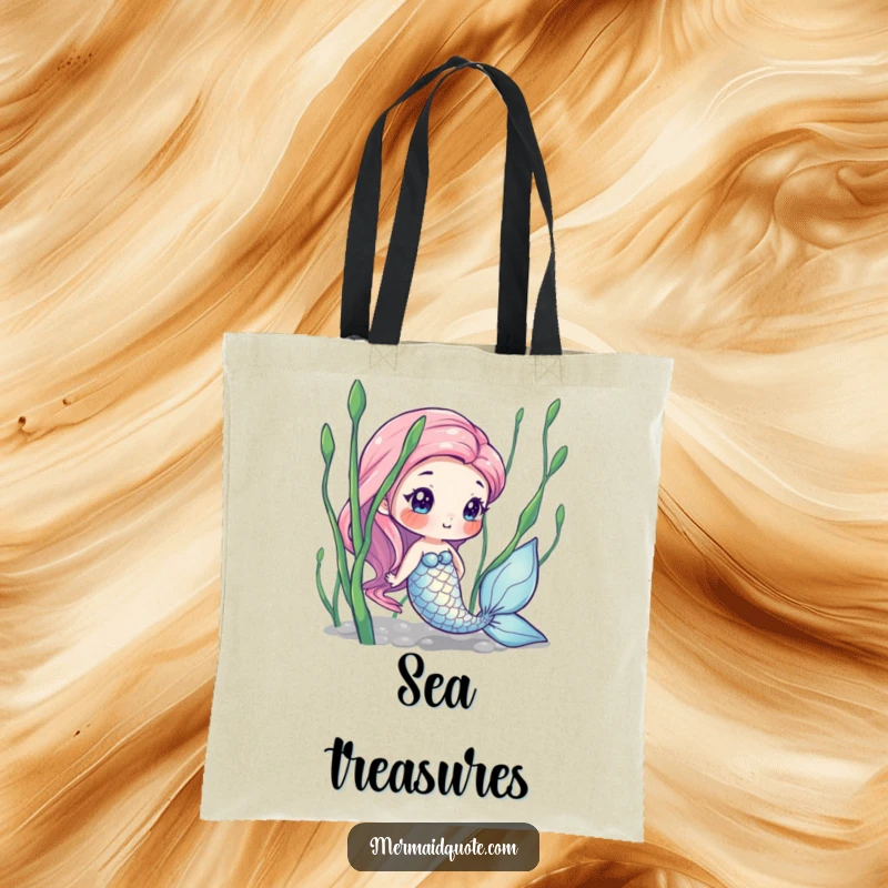 Funny tote bag featuring a curious mermaid with iridescent scales peeking from seaweed, perfect for carrying essentials with magical flair.