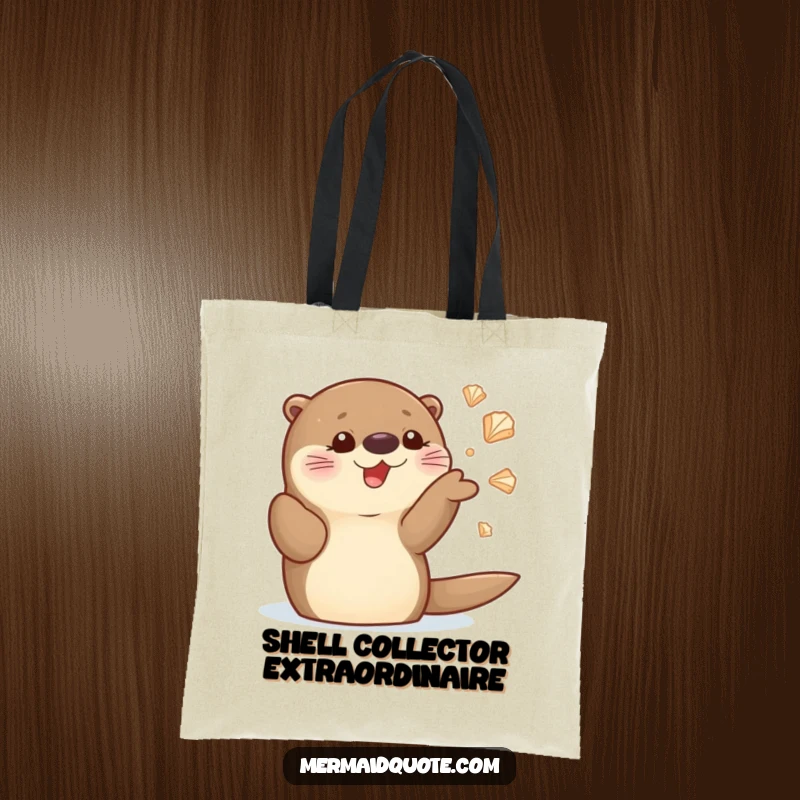 Funny sea otter tote bag featuring a delighted character who is skillfully juggling shiny seashells, ideal for shopping or daily use.