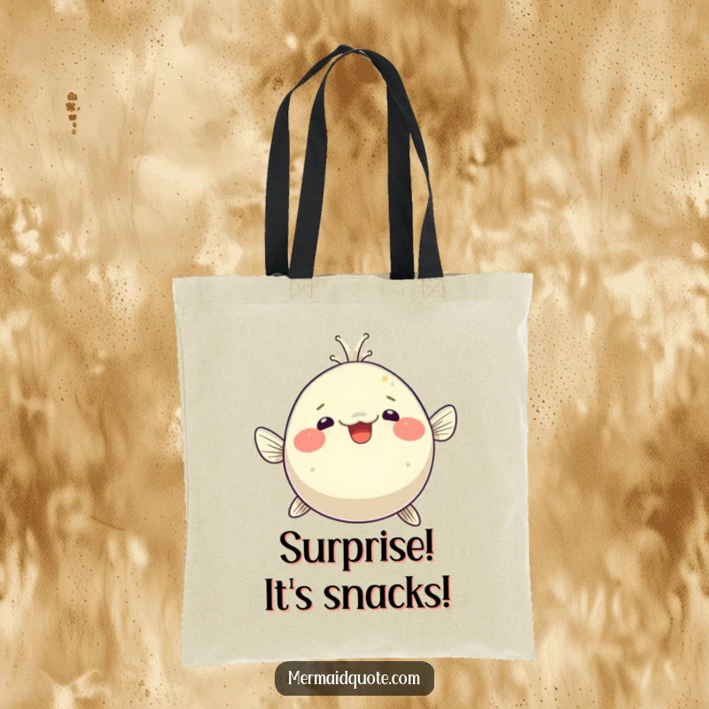 Funny pufferfish tote bag, comically inflated with wide-eyed surprise, perfect for carrying essentials with a humorous, aquatic flair.
